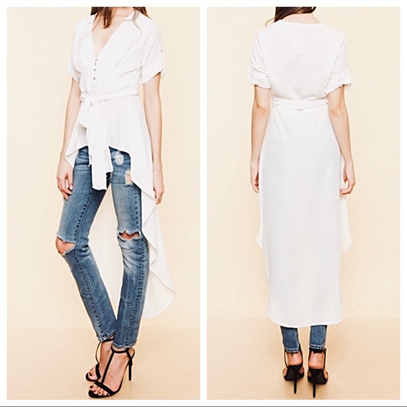 White button down high low tie waist tunic - Picture 2 of 8